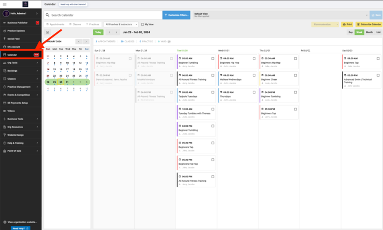 In-app view of backoffice calendar location and functionality in the administrative dashboard